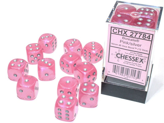 Borealis D6 16mm Pink/silver Luminary Dobbelsteen Set (12 stuks)
