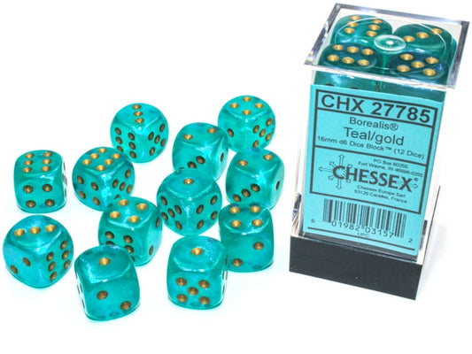 Borealis D6 16mm Teal/gold Luminary Dobbelsteen Set (12 stuks)