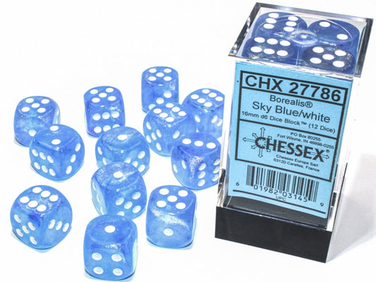 Borealis D6 16mm Sky Blue/white LuminaryDobbelsteen Set (12 stuks)