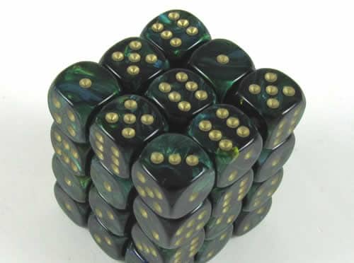 Scarab Jade/gold D6 12mm Dobbelsteen Set (36 stuks)
