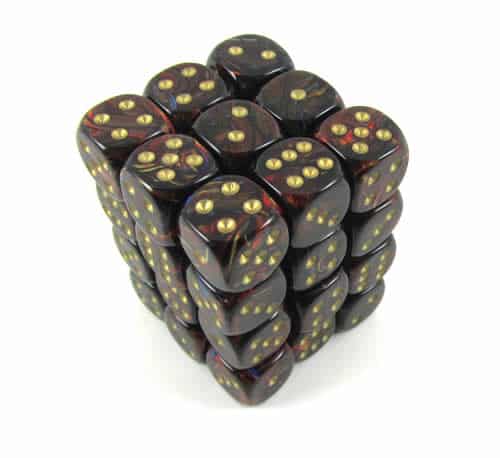 Scarab Blue Blood/gold D6 12mm Dobbelsteen Set (36 stuks)