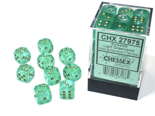 Borealis D6 12mm Light Green/gold Luminary Dobbelsteen Set (36 stuks)