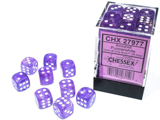 Borealis D6 12mm Purple/white Luminary Dobbelsteen Set (36 stuks)