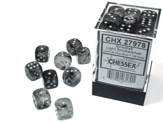 Borealis D6 12mm Light Smoke/silver Luminary Dobbelsteen Set (36 stuks)