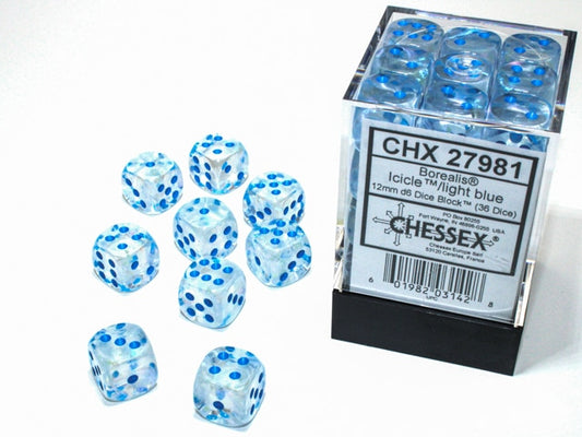 Borealis D6 12mm Icicle/light blue Luminary Dobbelsteen Set (36 stuks)