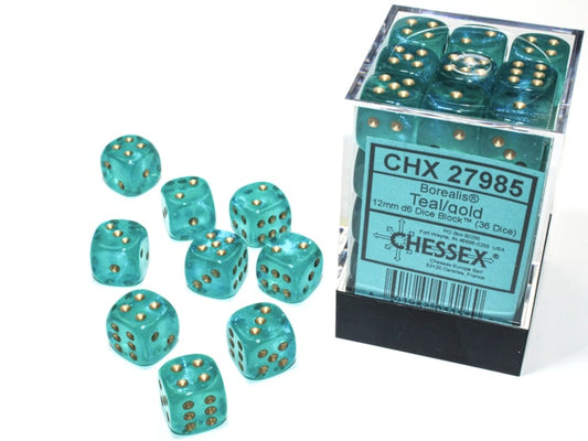 Borealis D6 12mm Teal/gold Luminary Dobbelsteen Set (36 stuks)