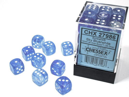 Borealis D6 12mm Sky Blue/white Luminary Dobbelsteen Set (36 stuks)
